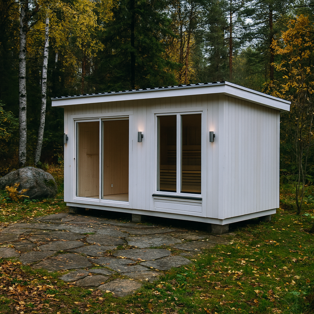 Bastu med utebelysning up and downlight